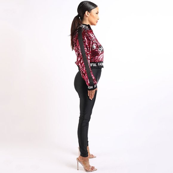 Sequin Cropped Embroidery Patches Varsity Bomber Jacket - Picture 6 of 11